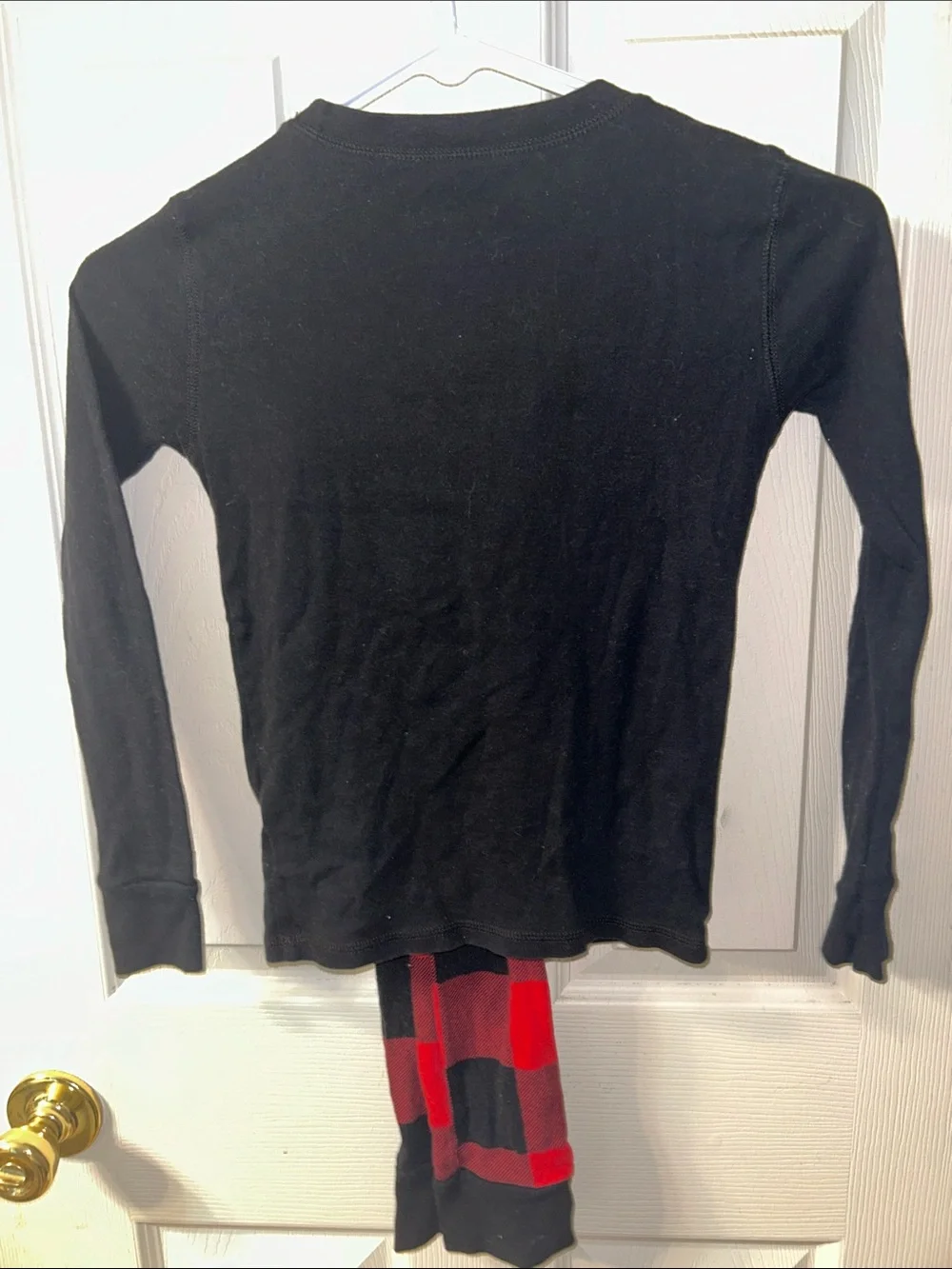 Old Navy Black Top with Red & White Santa Graphic and Red Plaid Pants Pajama Set